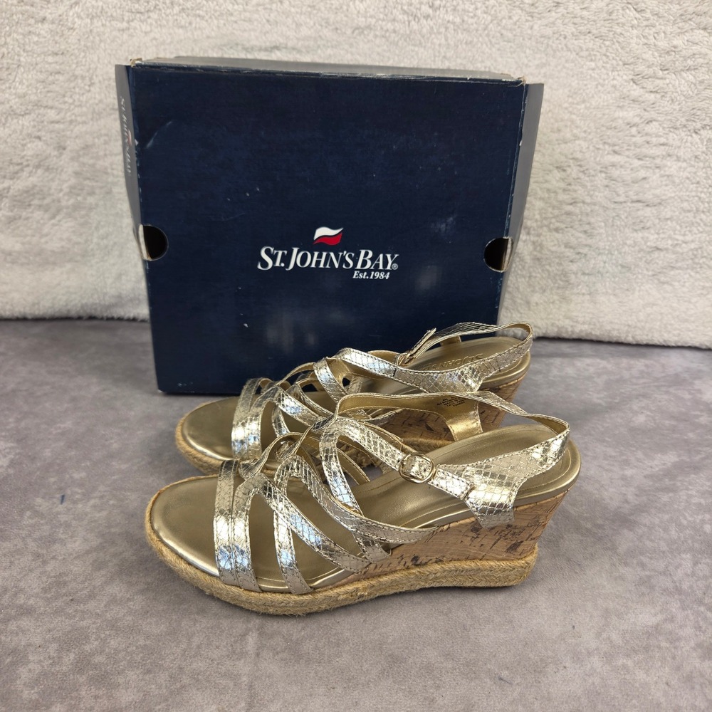 St Johns Bay Hawaii Gold Snake Wedge Sandals Strappy Espadrille 6 M B